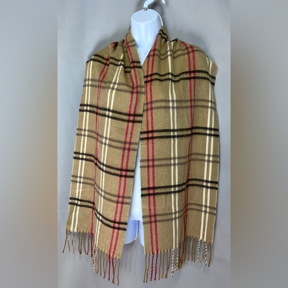 CEJON Scarf Tan Plaid Fringe Soft Made in Italy 11" x 65" - Picture 3 of 5